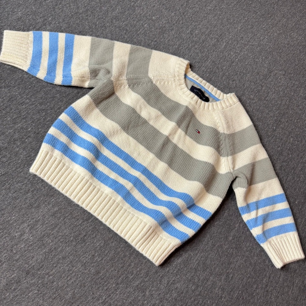 Tommy Hilfiger‎ Kids 18M Striped Sweater Cream Gray Blue Cotton Blend Crew Neck